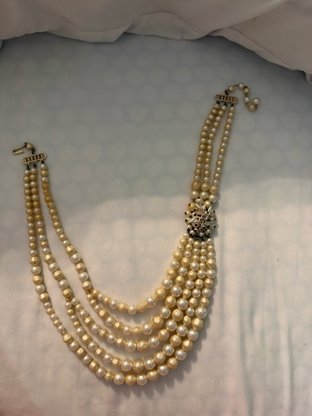 Vintage Layered Cream Faux Pearl Necklace with Ornate Gold-Tone Clasp